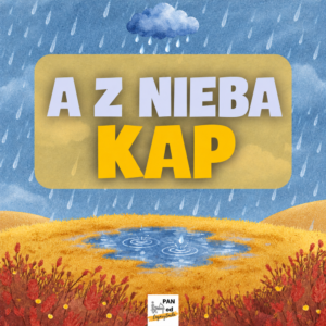 A z nieba kap – jesienna piosenka dla dzieci; okładka z chmurką, deszczem i kałużą