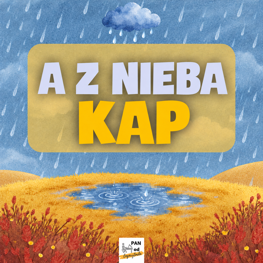 A z nieba kap – jesienna piosenka dla dzieci; okładka z chmurką, deszczem i kałużą